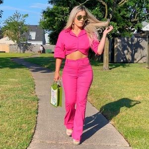 New Button Down Cropped Shirt With Pant Set